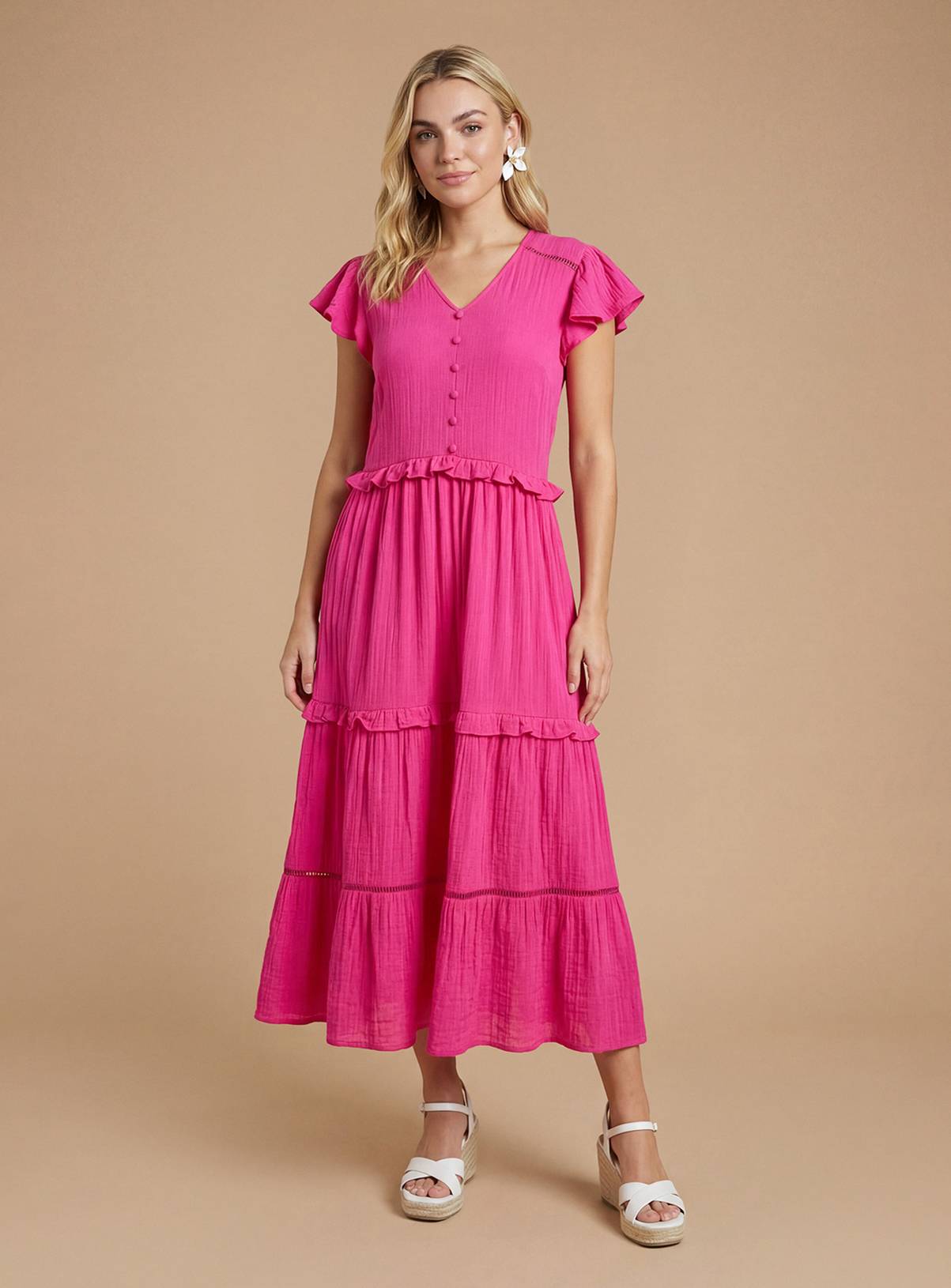 DOROTHY PERKINS Button Front Frill Sleeve Midaxi Dress 8 - Image 1